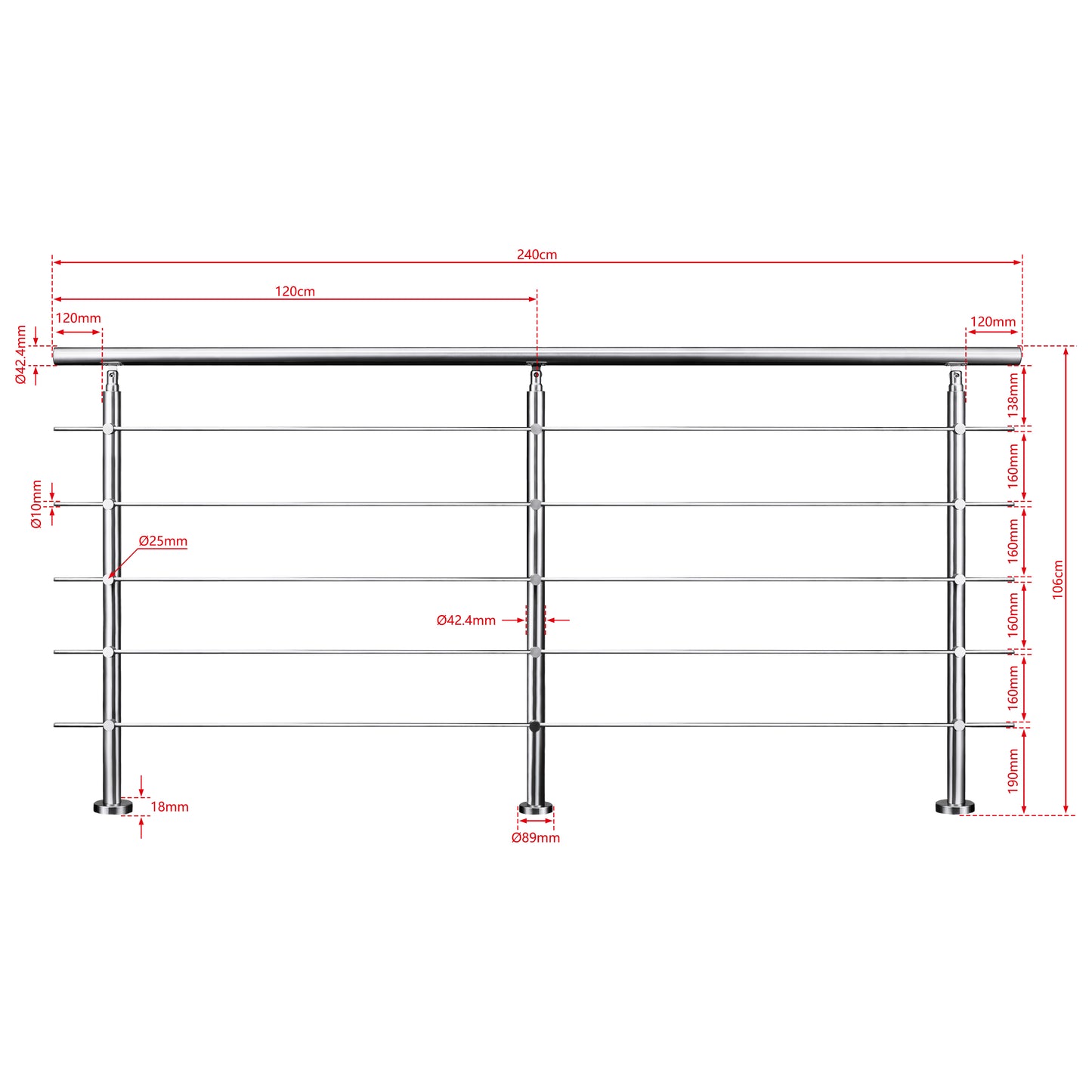AICA Barandilla escalera de acero inoxidable 80/100/120/150/180/200/220/240 cm con 5 barras transversales para interior 240cm