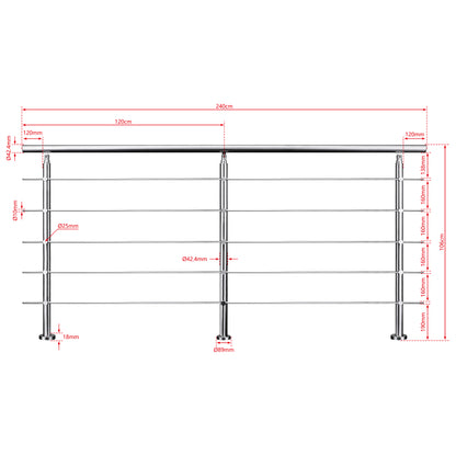 AICA Barandilla escalera de acero inoxidable 80/100/120/150/180/200/220/240 cm con 5 barras transversales para interior 240cm
