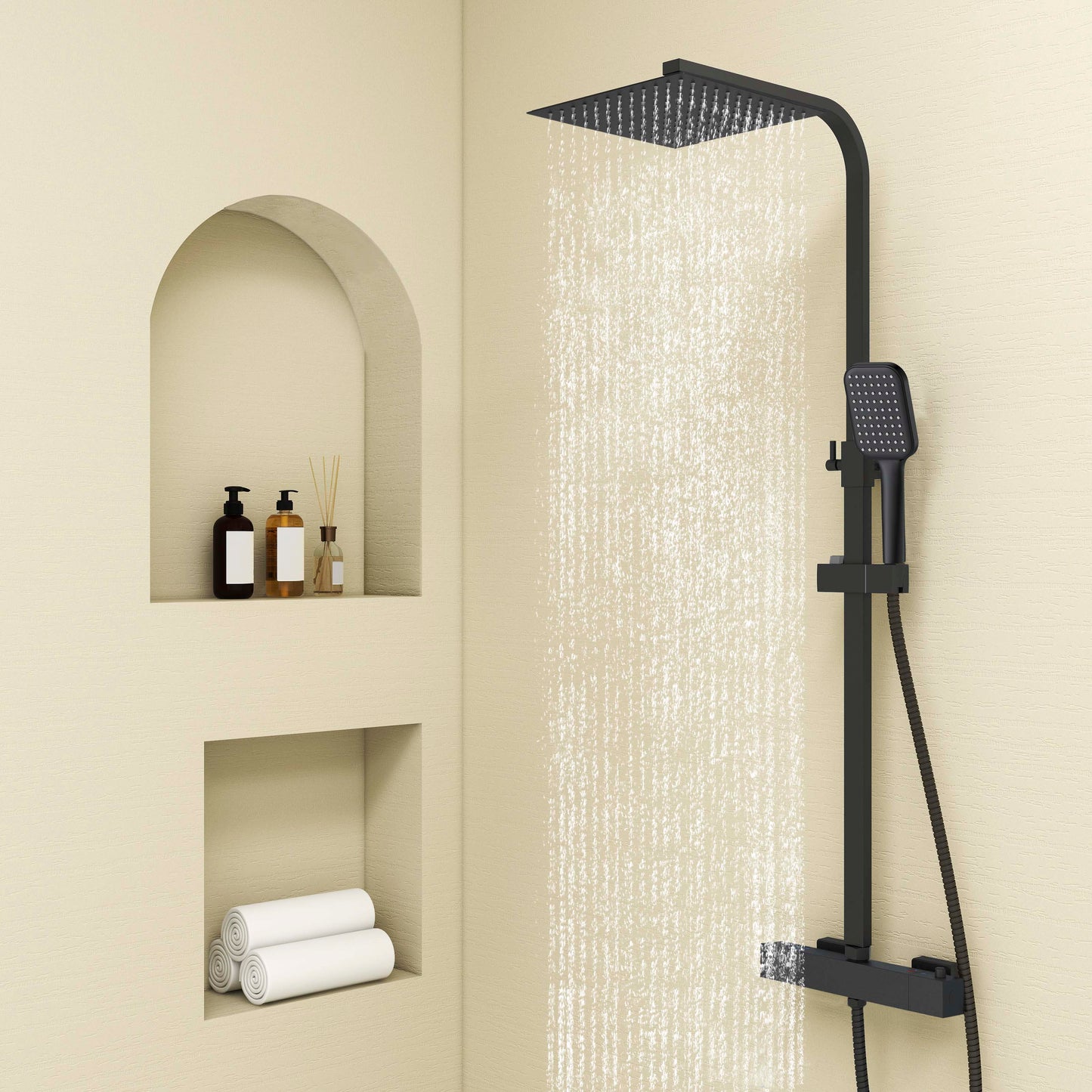 Columna de Ducha Termostática Aica negro mate alcachofa y ducha superior grande 25cm para baño