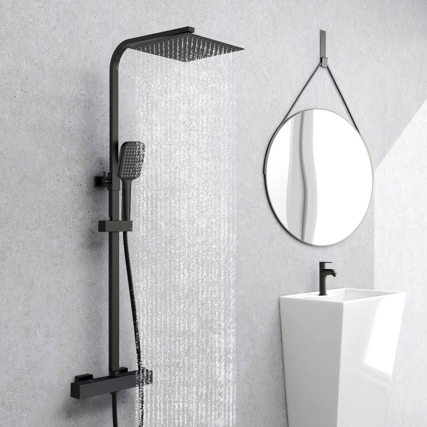 Columna de Ducha Termostática Aica negro mate alcachofa y ducha superior grande 25cm para baño