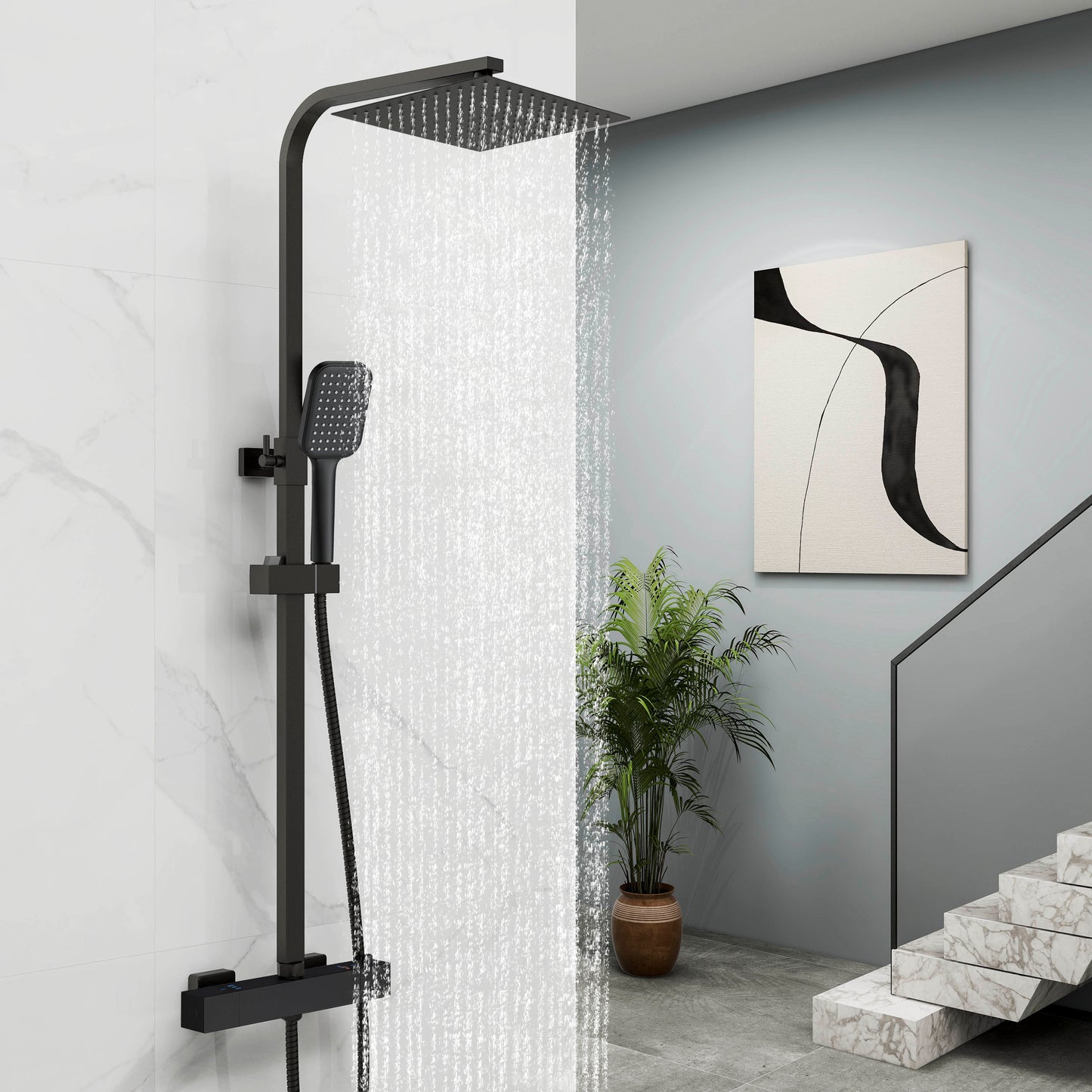Columna de Ducha Termostática Aica negro mate alcachofa y ducha superior grande 25cm para baño