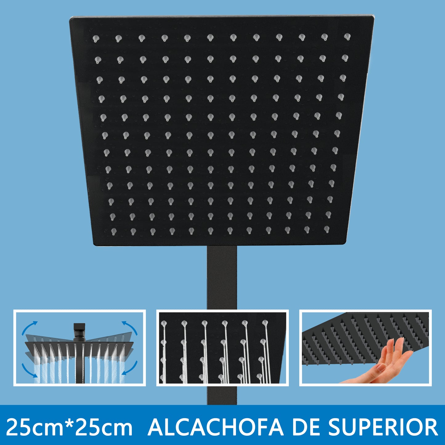 Columna de Ducha Termostática Aica negro mate alcachofa y ducha superior grande 25cm para baño