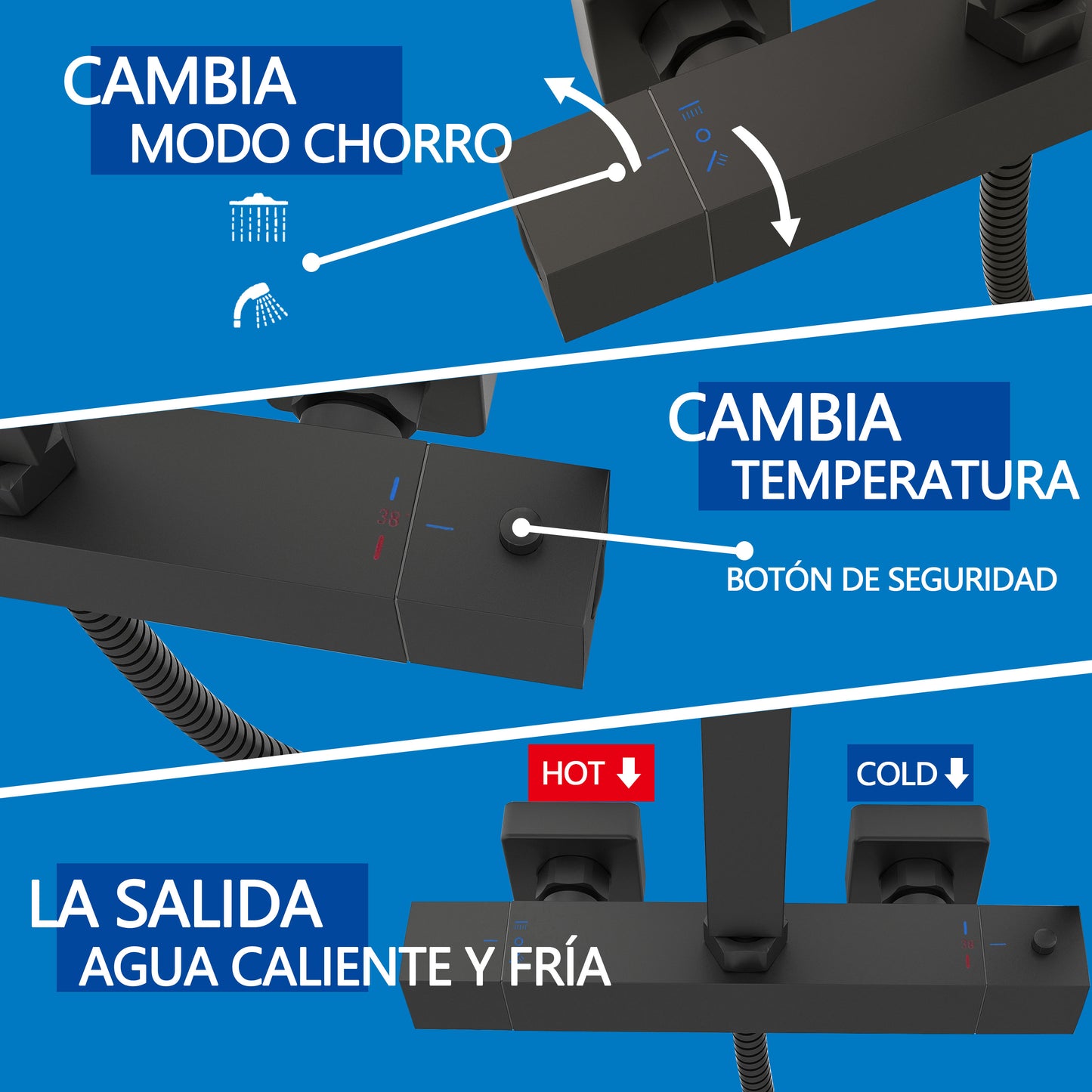 Columna de Ducha Termostática Aica negro mate alcachofa y ducha superior grande 25cm para baño