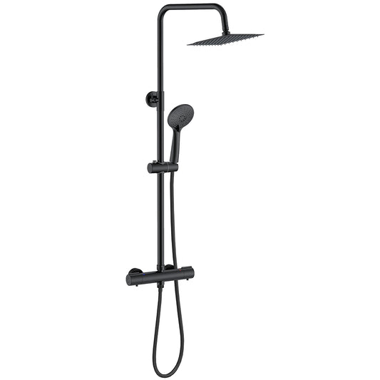 Columna de Ducha Termostática Alcachofa de con Redonda Barra y Cuadrada Ducha Lluvia Negro Mate para Baño