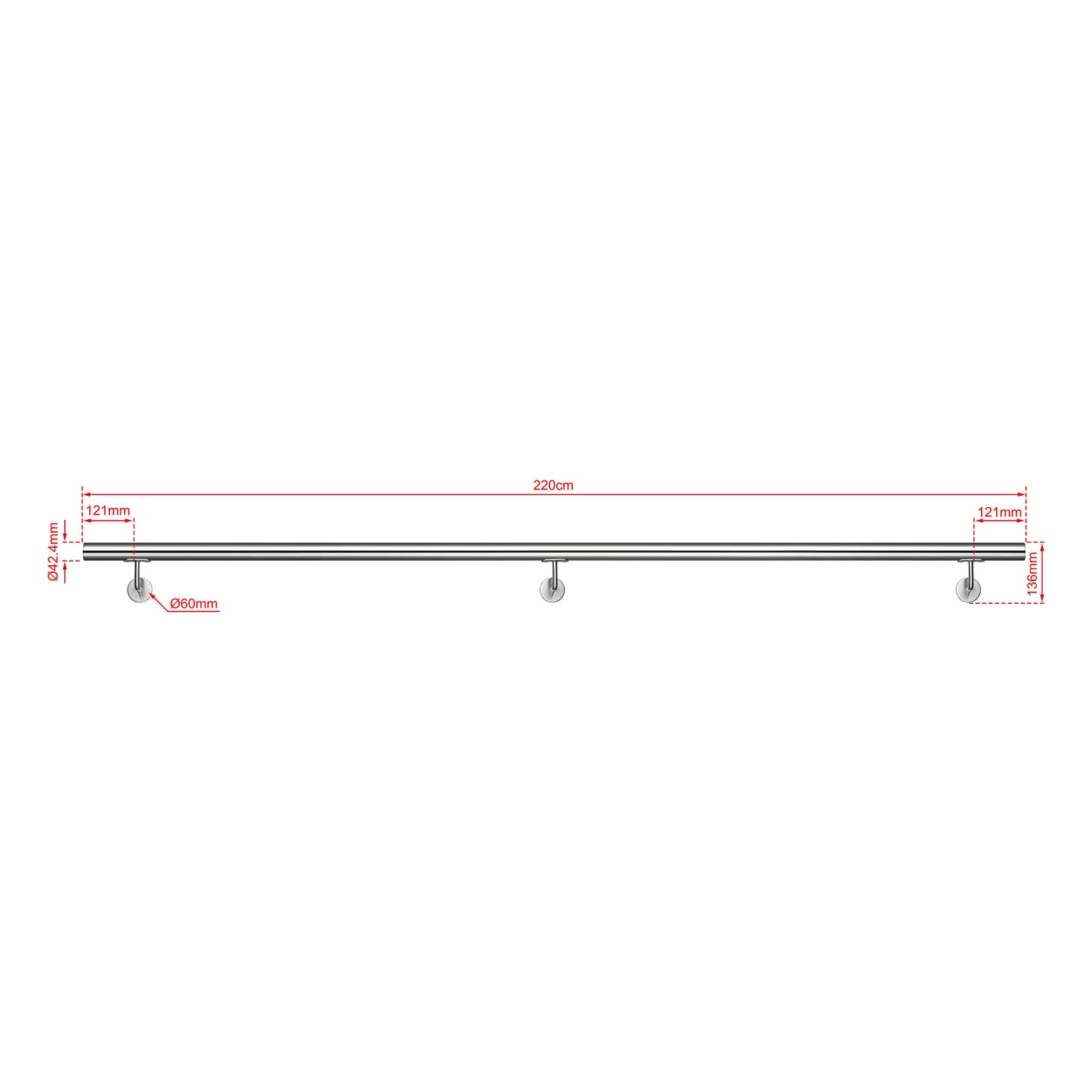 AICA Pasamanos de acero inoxidable 304 cepillado, 80/100/120/150/180/200/220/240 cm, Interior y Exterior Plata 220cm#Plata
