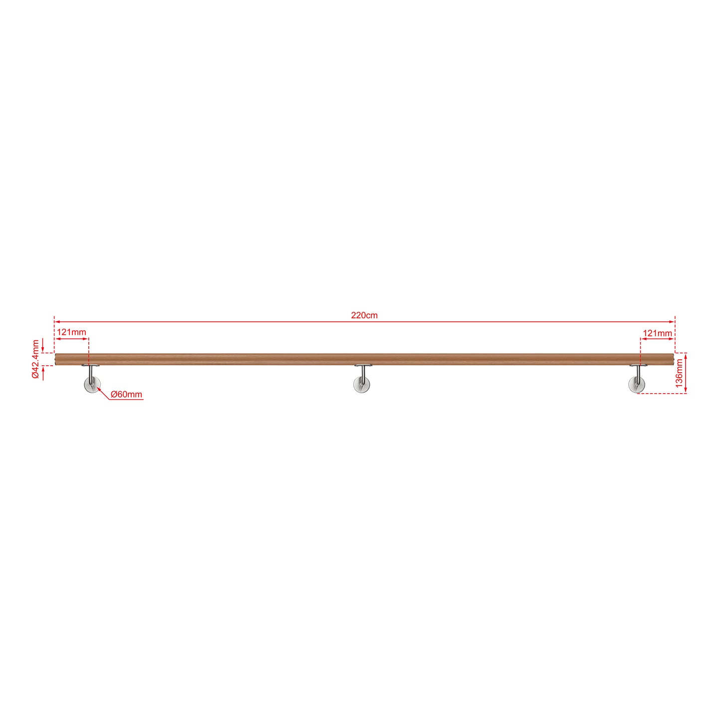 AICA Pasamanos de acero inoxidable 304 cepillado, 80/100/120/150/180/200/220/240 cm, Interior y Exterior Marrón 220cm#Marrón