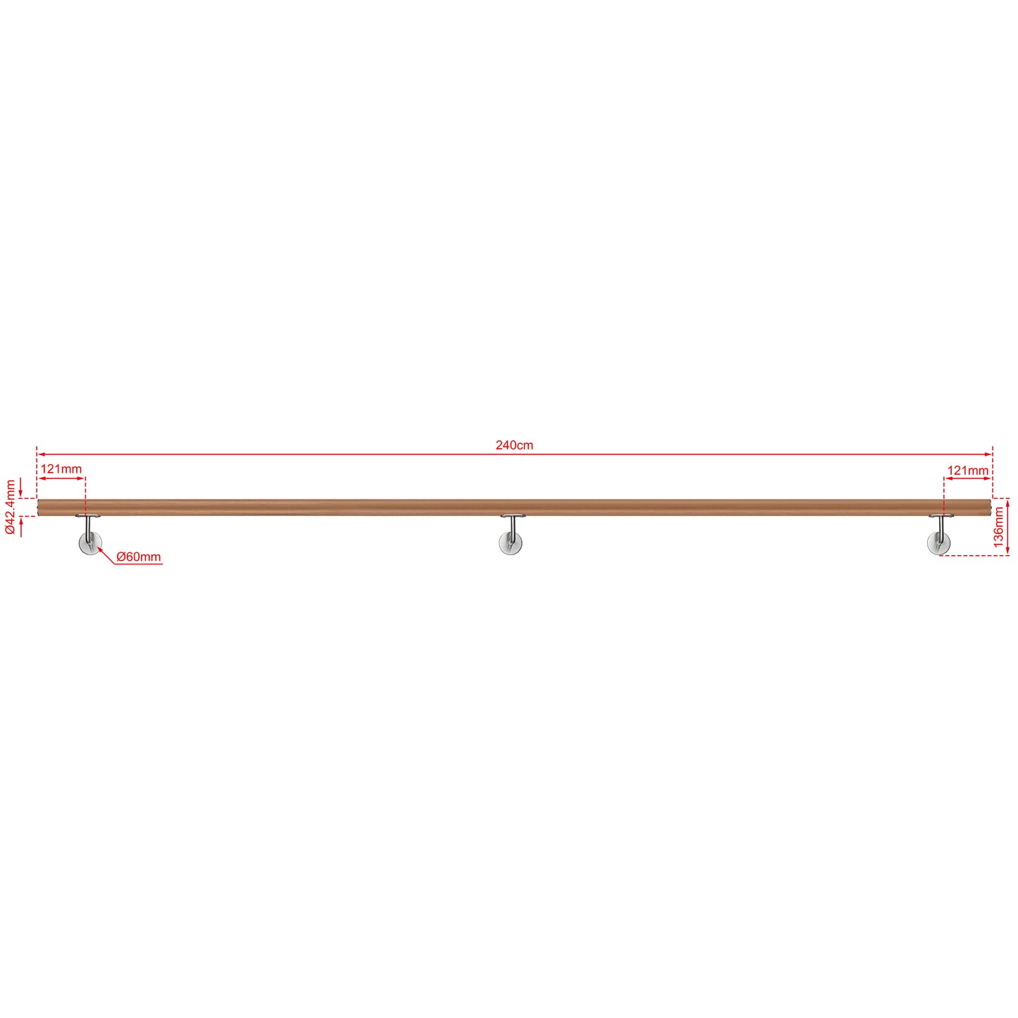 AICA Pasamanos de acero inoxidable 304 cepillado, 80/100/120/150/180/200/220/240 cm, Interior y Exterior Marrón 240cm#Marrón