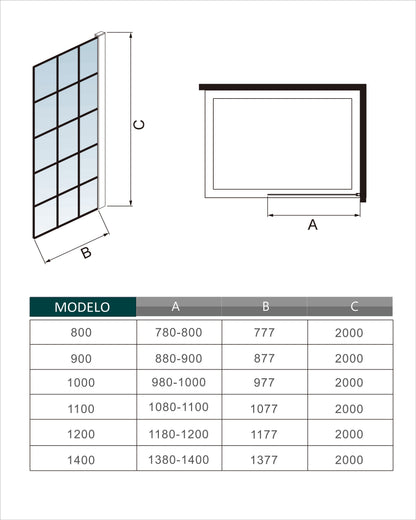 AICA Mampara Fija de Ducha Industrial Negro Mate 80/100x200cm - Cristal Templado de Seguridad 8mm con Antical, Serigrafía Cuadrada y Estante de Baño