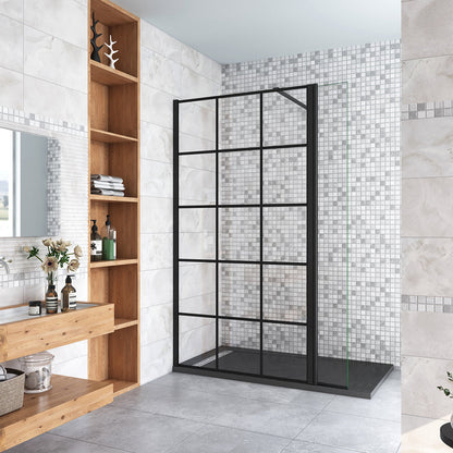 Walkin Mampara Panel de ducha Serigrafiado de celosía cuadrada 2 hojas Vidrio 8mm Antical con Barra Negra mate