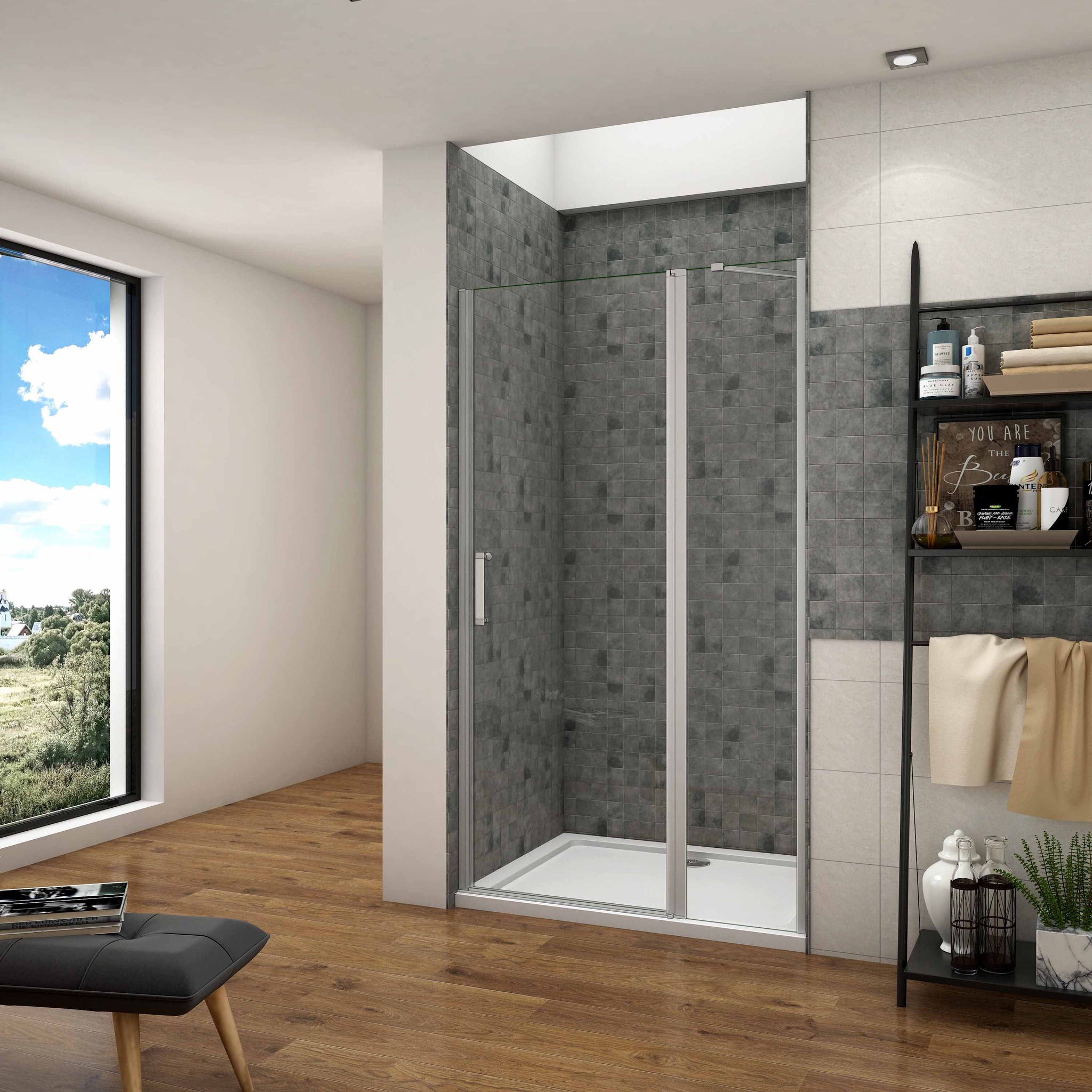 Mamparas de Ducha Frontal Puerta Transparente Abatible Perfil gris mate Cristal Templado 5mm