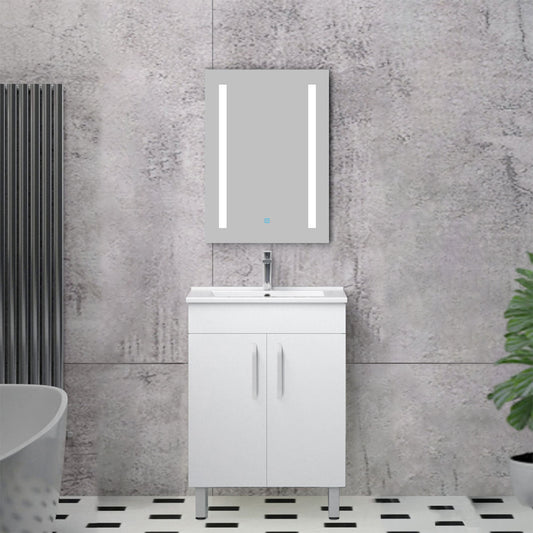 Armario de Baño Color blanco + Lavamano de Cerámica + Espejo led 6000k Antivaho Interruptor Tactil 580x380x824mm Armario con Puerta+50x4x70cm Espejo+ Lavamano