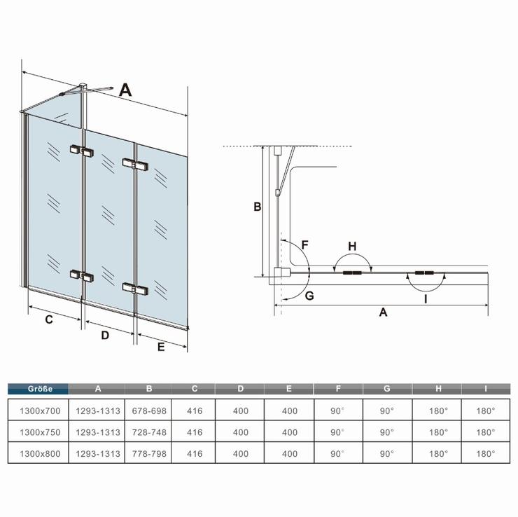 Mamparas de Bañera Cristal Plegable 3 Hojas Pivotante 6mm Antical Con Pantalla Fija 130x70x140cm