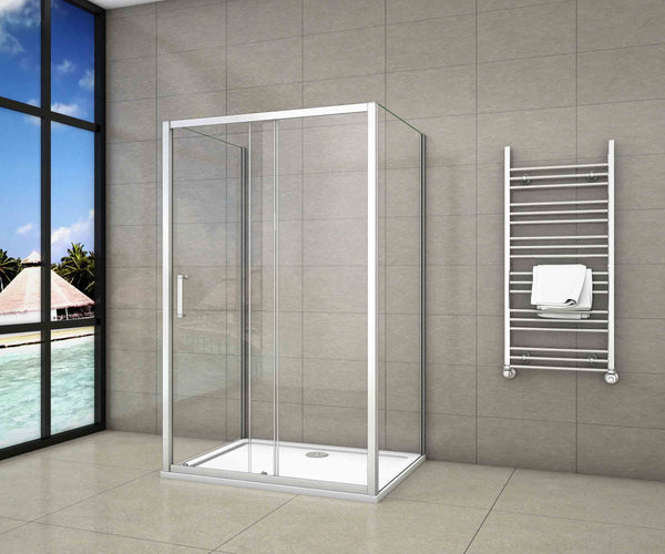 Mampara de ducha,frontal hojas correderas + dos panel fijo lateral Cristal Templado 5mm