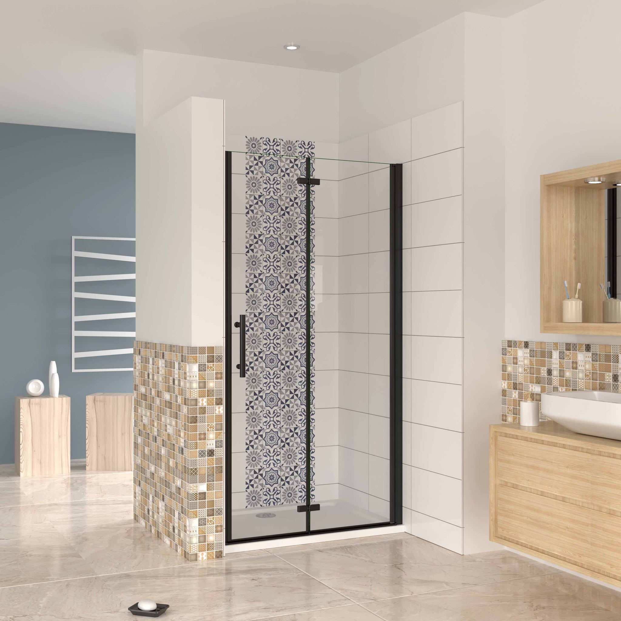 Mampara ducha frontal baño dos puerta plegable con perfil negro mate ,estilo industrial, 5 mm cristal templado, Easyclean, altura 190 cm