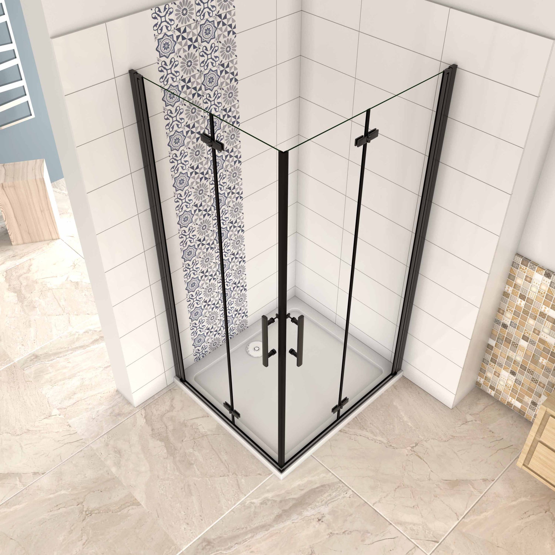 Baño con cabina de ducha con mampara con detalles en negro