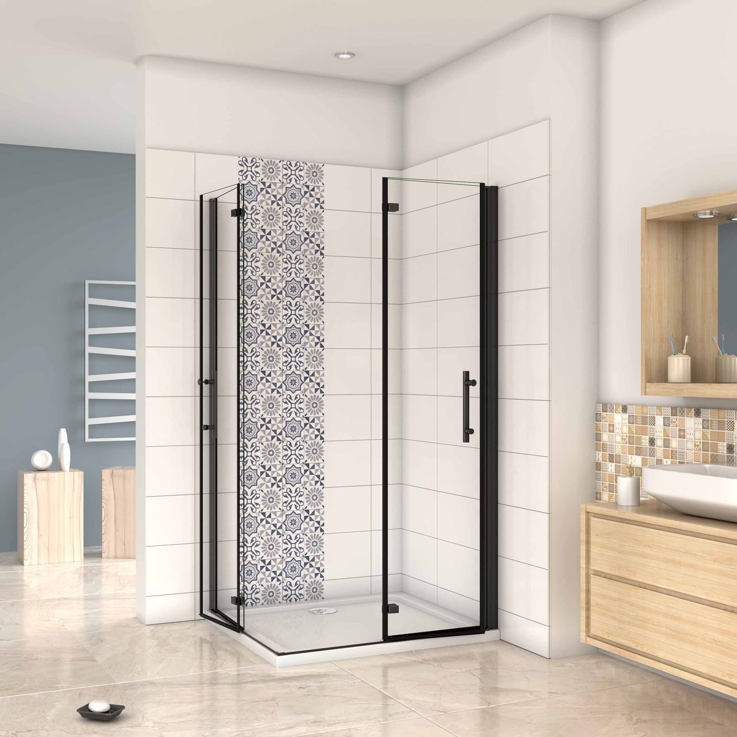 Mampara ducha Cabina de ducha 4 puertas plegables con perfil negro mat –  Aica Sanitarios España