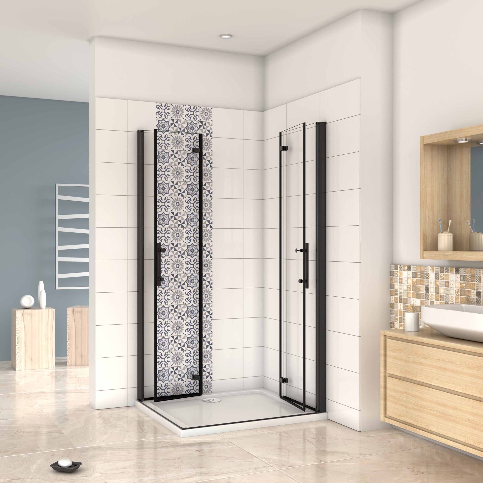 Mampara ducha frontal baño dos puerta plegable con perfil negro mate,estilo  industrial, 5 mm cristal templado, Easyclean,70x190cm : :  Bricolaje y herramientas