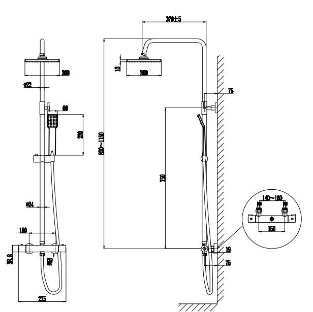 Aica Columna de ducha termostática Columna de ducha sin grifo Columna ducha, la ducha fija y la ducha de mano Altura ajustable 82-115cm