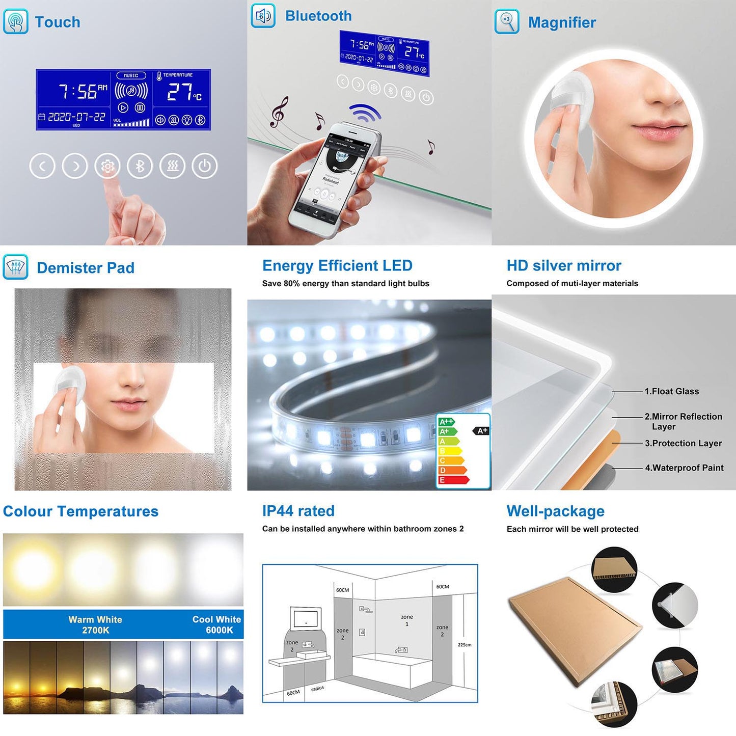 Bluetooth Espejo LED Iluminado para baño, Antivaho. Espejo Bluetooth Iluminado con Retroiluminación Luz Ajustable 2700k-6000k, A+
