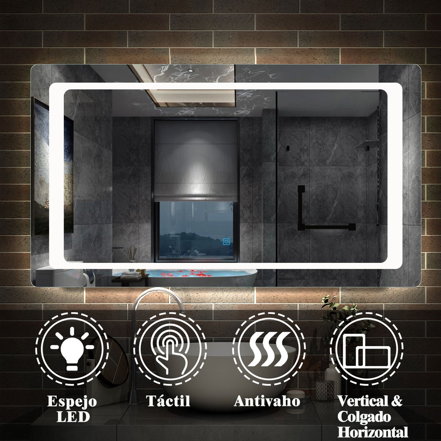 Espejo para Colocar en Baño con Interruptor Táctil de Doble Control + Brillo LED Envolvente Lucimiento Frío + Antiniebla