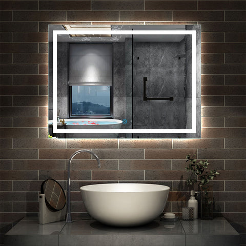Espejo Decorativo de Baño sin Mojar por Gotitas de Agua(Antivaho) con Interruptor Táctil y Brillo LED Envolvente Luz Fría