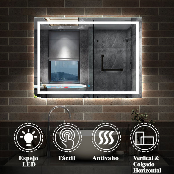 Espejo Decorativo de Baño sin Mojar por Gotitas de Agua(Antivaho) con Interruptor Táctil y Brillo LED Envolvente Luz Fría