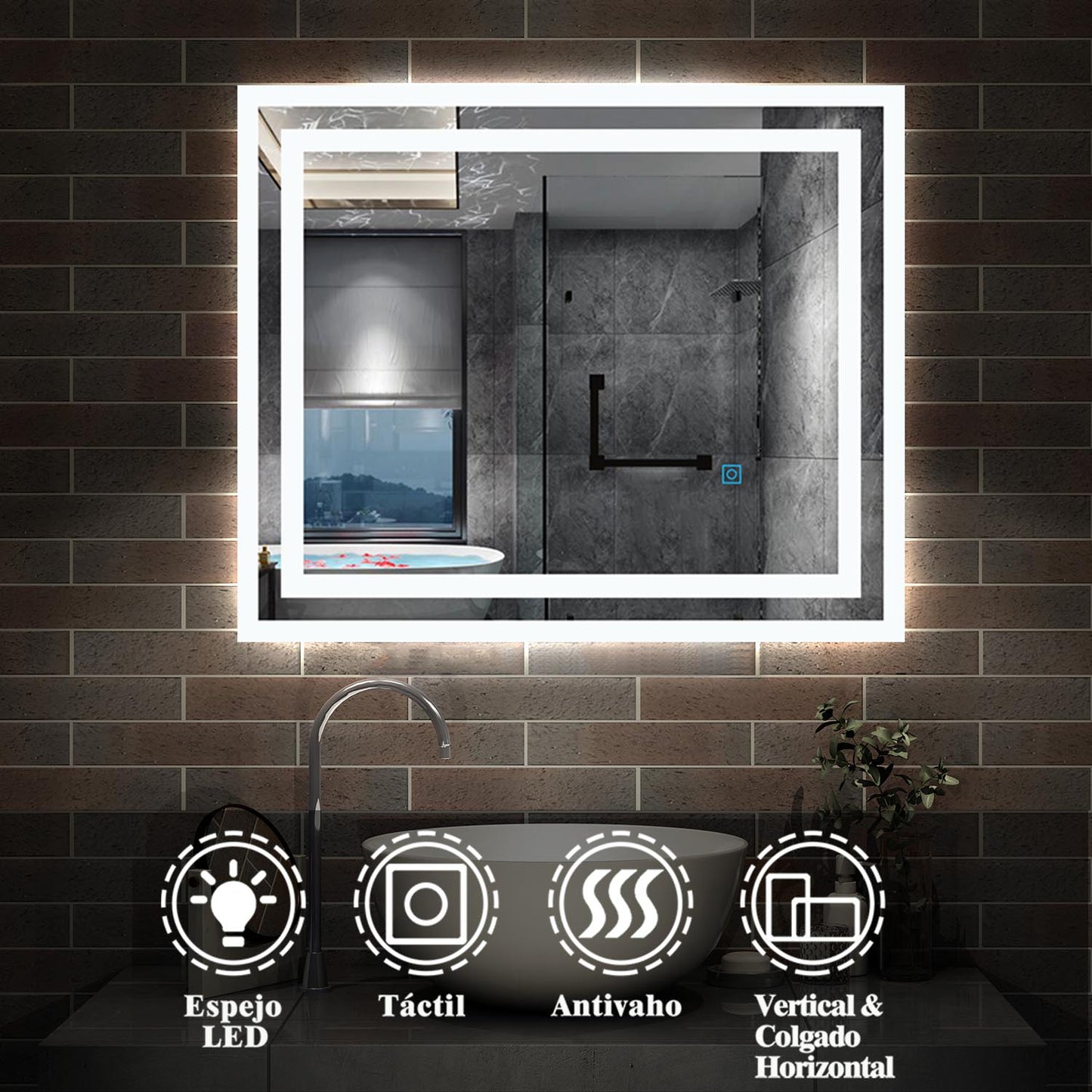 Espejo de Baño con LED Lucimiento Blaco Frío + Interruptor táctil. Espejo de Ducha/Maquillar sin Empañamiento