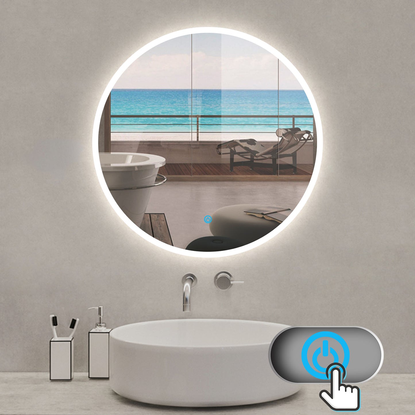 60×60CM Espejo Redondo de Baño con Iluminación LED ,Interruptor Táctil,Luz Blanca Fría 6000k ,Sin Antiniebla, Espejo Montado en Pared