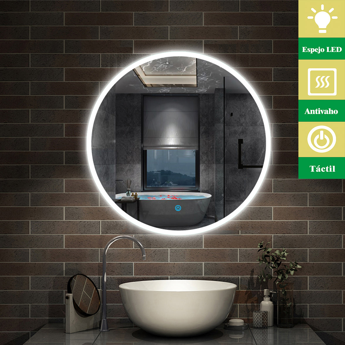 Espejo Redondo de Baño. Espejo de Ducha sin Empañarse + Interruptor Táctil + Brillo LED Envolvente Blanca Fría