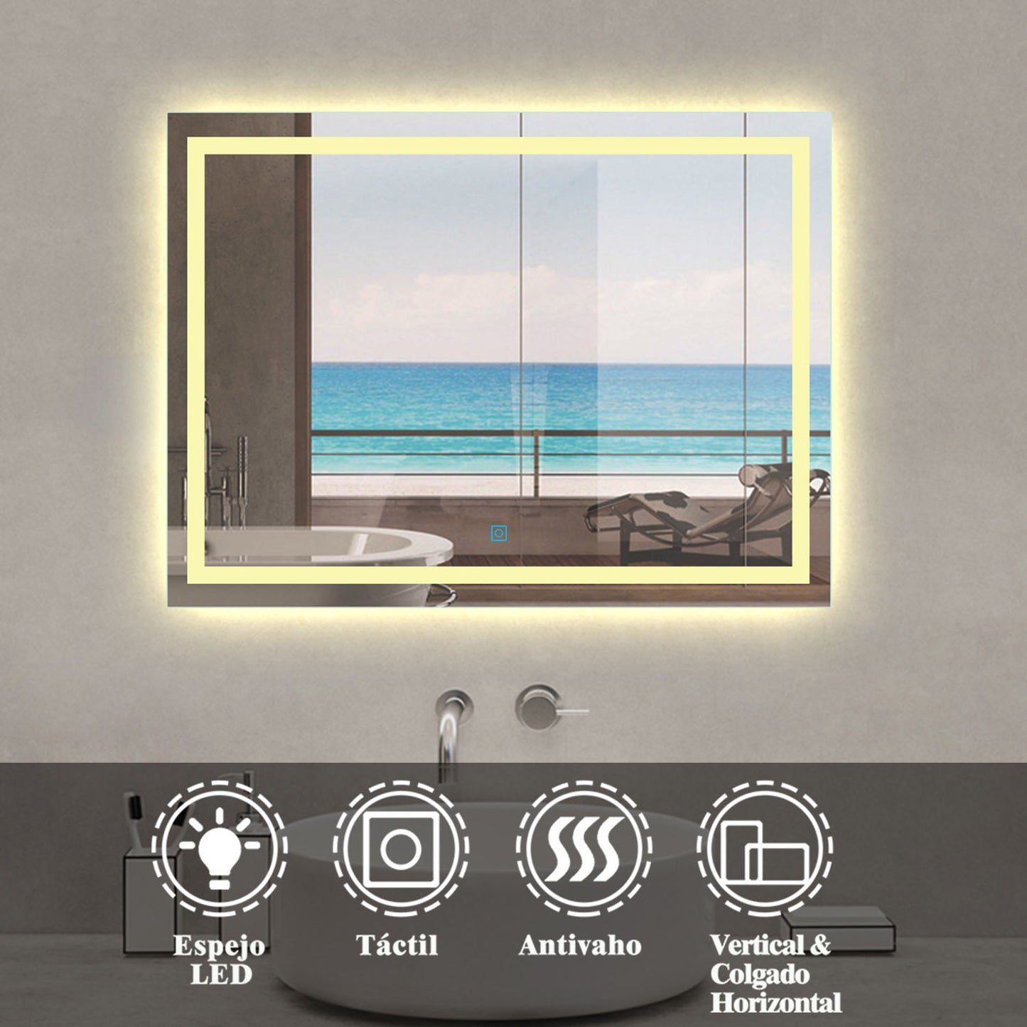 Espejo de Baño LED Luz Cálida 3800k(Brillo LED Envolvente) para Decorar Casa con Función Antivaho + Botón Táctil