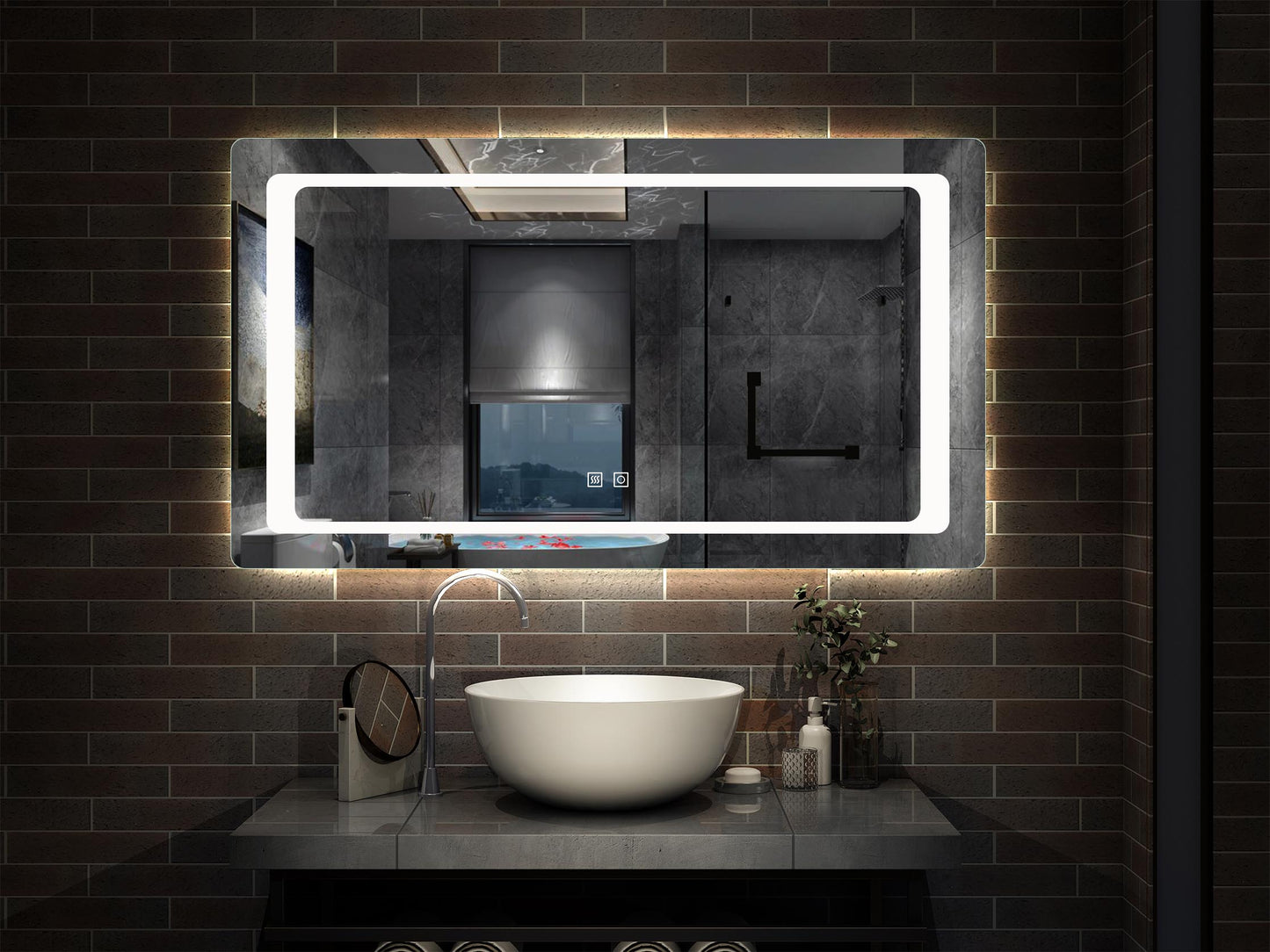 Espejo de Pared en Baño con Iluminación Blanca Fría(Brillo LED Envolvente). Espejo de Baño Antivaho + Dos botones Táctiles