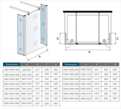 Mamparas de Ducha Panel Fijo con Doble Panel Lateral Abatible 30/40cm, Cristal Templado 8mm Antical con 2 Barras