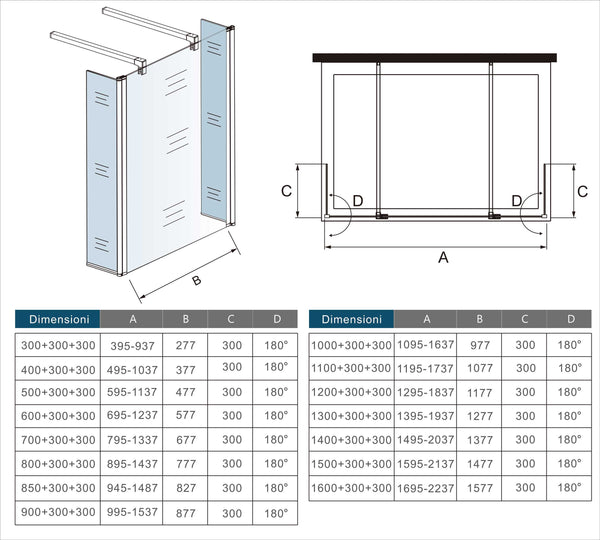 Mamparas de Ducha Panel Fijo con Doble Panel Lateral Abatible 30/40cm, Cristal Templado 8mm Antical con 2 Barras