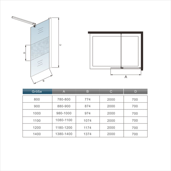 Mamparas ducha Panel Pantalla Fija Vidrio laminado de film seguirdad a pureba de explosiones 8mm Perfil Negro Mate Barra
