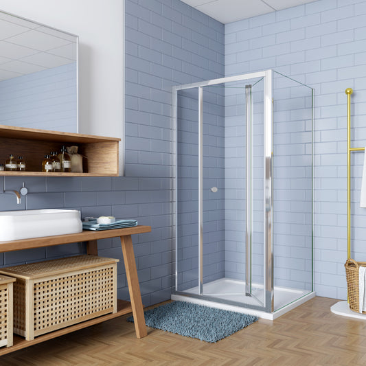 Mampara de Ducha Plegables ,frontal 2 hojas plegables + panel fijo lateral Cristal Templado 5mm