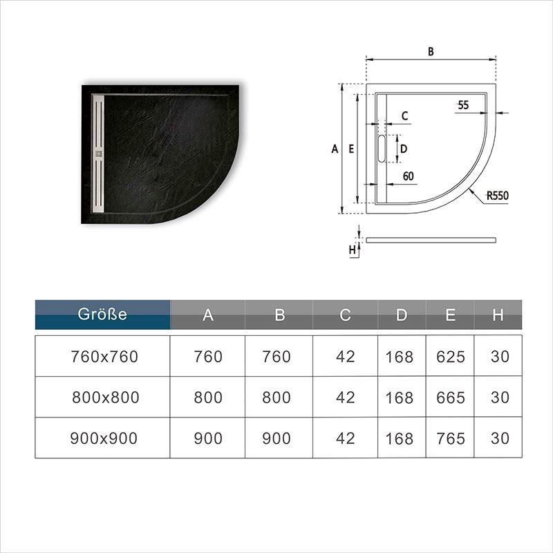 Plato de Ducha Semicircular RESINA PIZARRA GEL COAT NEGRO, Válvula incluida, Antideslizante