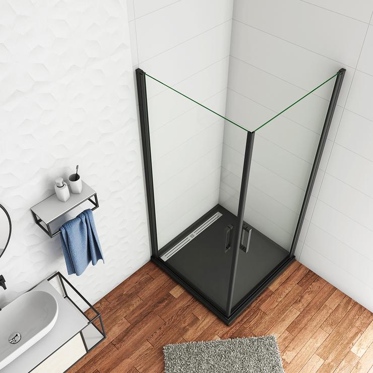 Cabina de ducha, puerta abatible, perfiles negros mate, vidrio de templado seguridad, antical, transparente de 8mm
