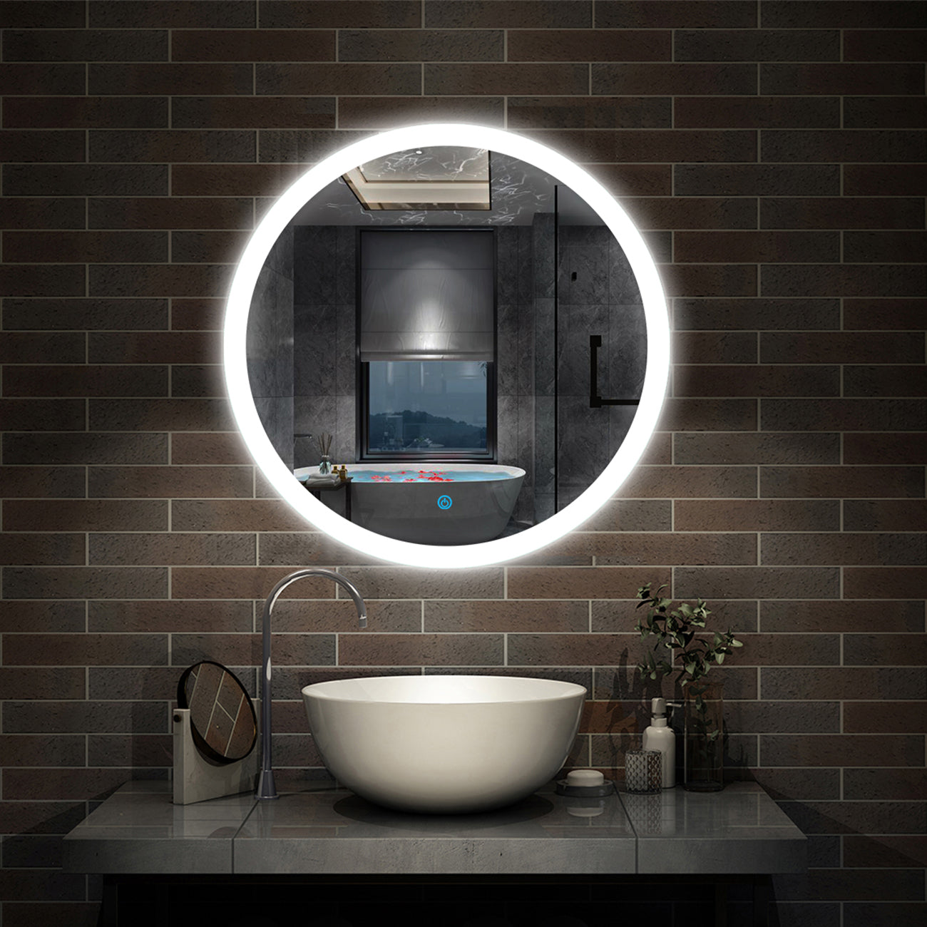 baño redondo led iluminado(Brillo LED Envolvente) espejo de pared interruptor de sensor táctil antiniebla