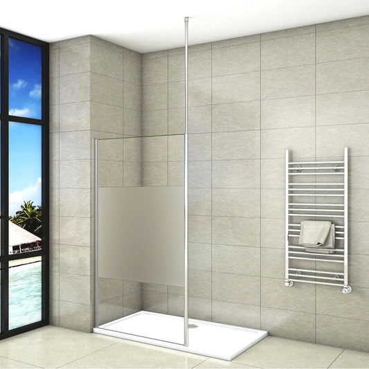 Mampara de ducha Panel Fijo con Barra a Techo, Cristal Templado Esmerilado Parcial Antical 8mm